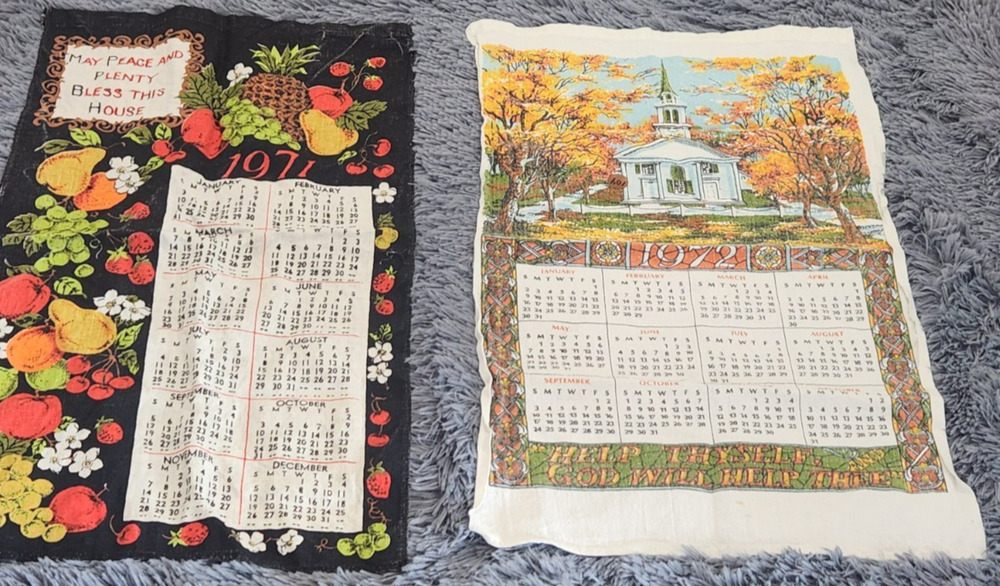 Vintage 1971 & 1972 Linen Calendar Towel Wall Hanging Set of 2